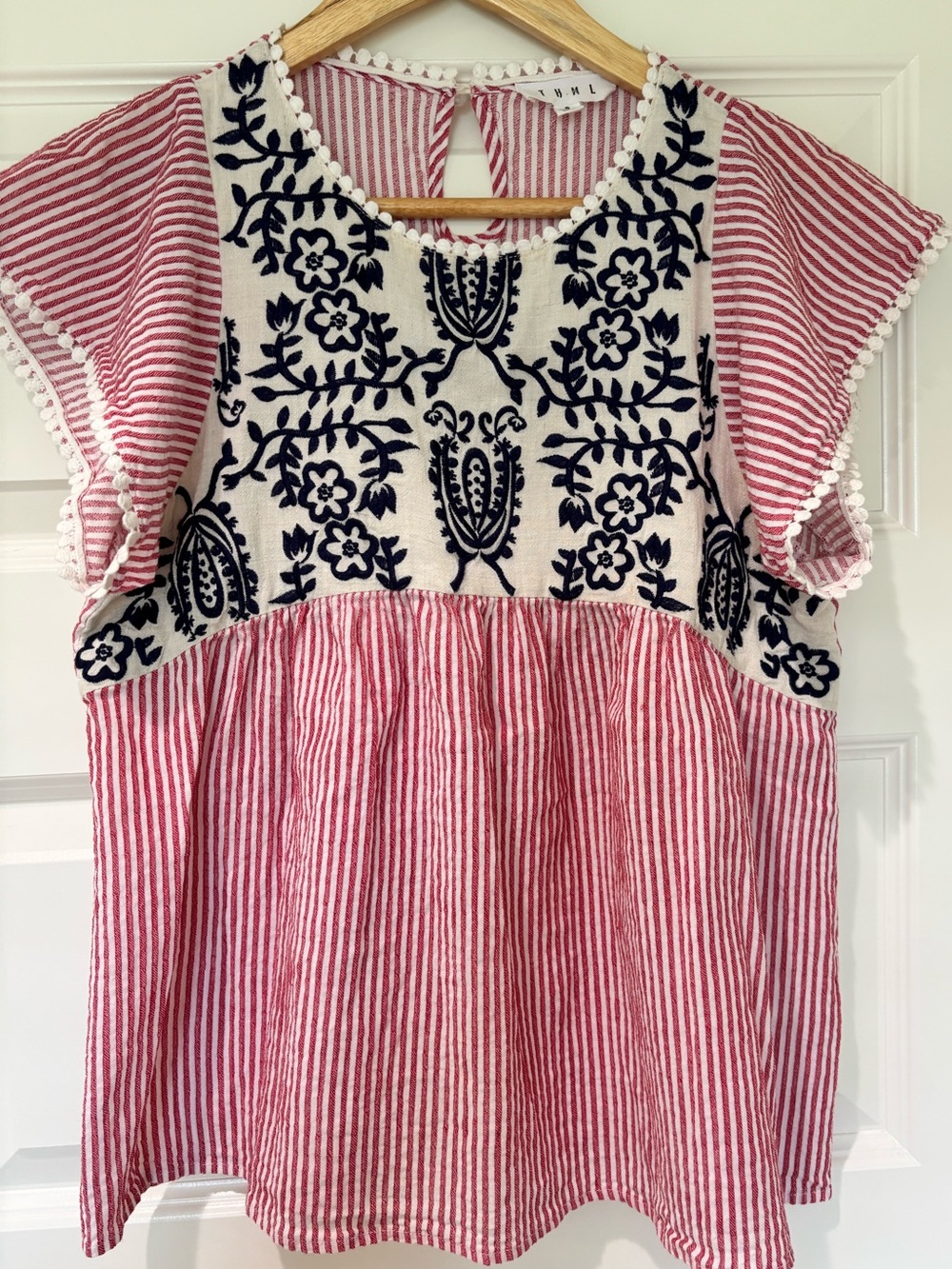 THML Sz S Top Cotton Linen Red White Striped Floral Embroidered Boho Cottagecore